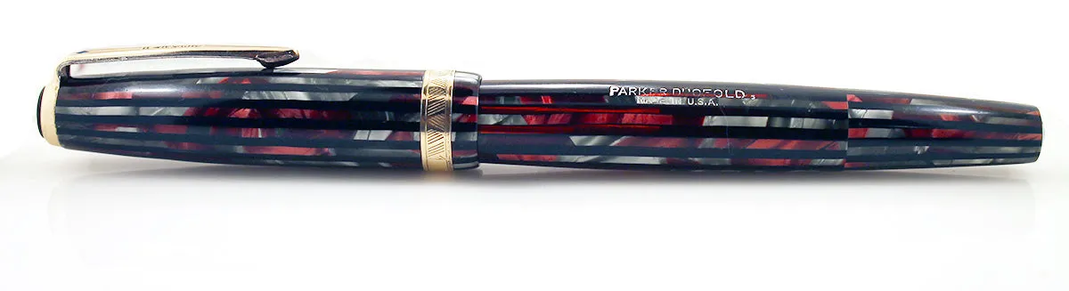 1945 PARKER STRIPED SENIOR DUOFOLD DUSTY ROSE CELLULOID FOUNTAIN PEN RESTORED