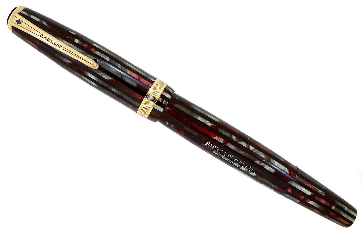 1945 PARKER STRIPED SENIOR DUOFOLD DUSTY ROSE CELLULOID FOUNTAIN PEN RESTORED