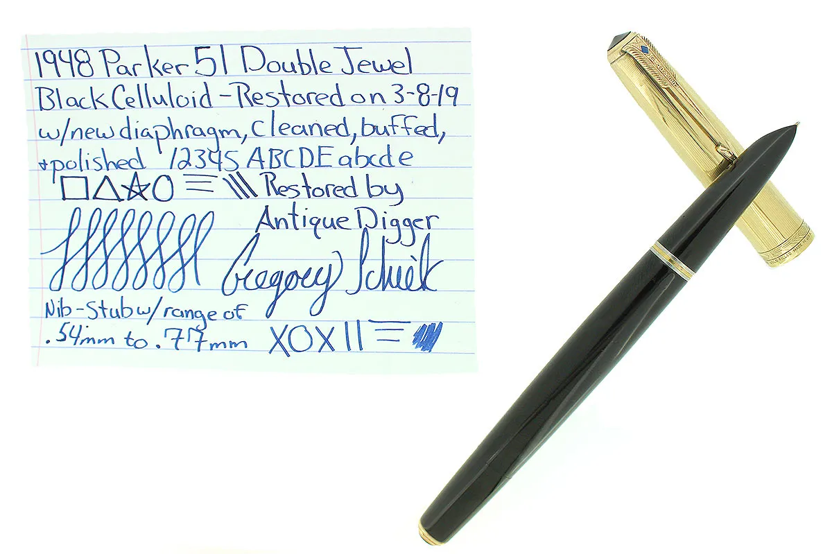 1948 PARKER 51 VACUMATIC DOUBLE JEWEL BLACK FOUNTAIN PEN 1/10 16K CAP RESTORED