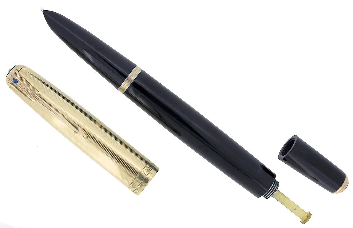 1948 PARKER 51 VACUMATIC DOUBLE JEWEL BLACK FOUNTAIN PEN 1/10 16K CAP RESTORED