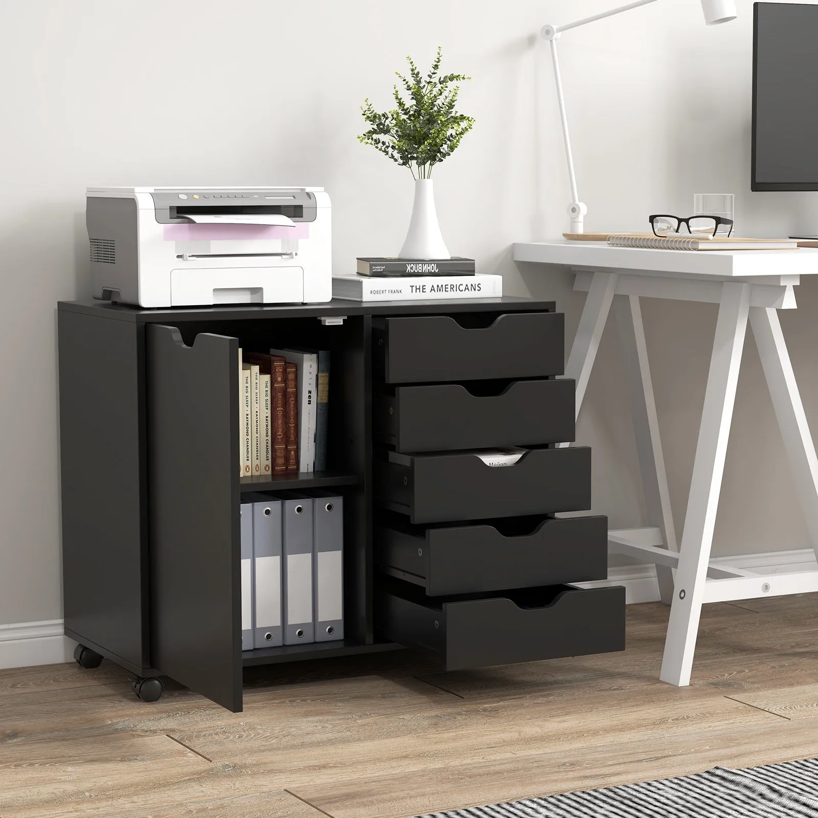 5-Drawer Mobile Side Cabinet with Wheels-Black