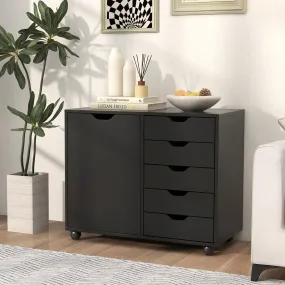 5-Drawer Mobile Side Cabinet with Wheels-Black