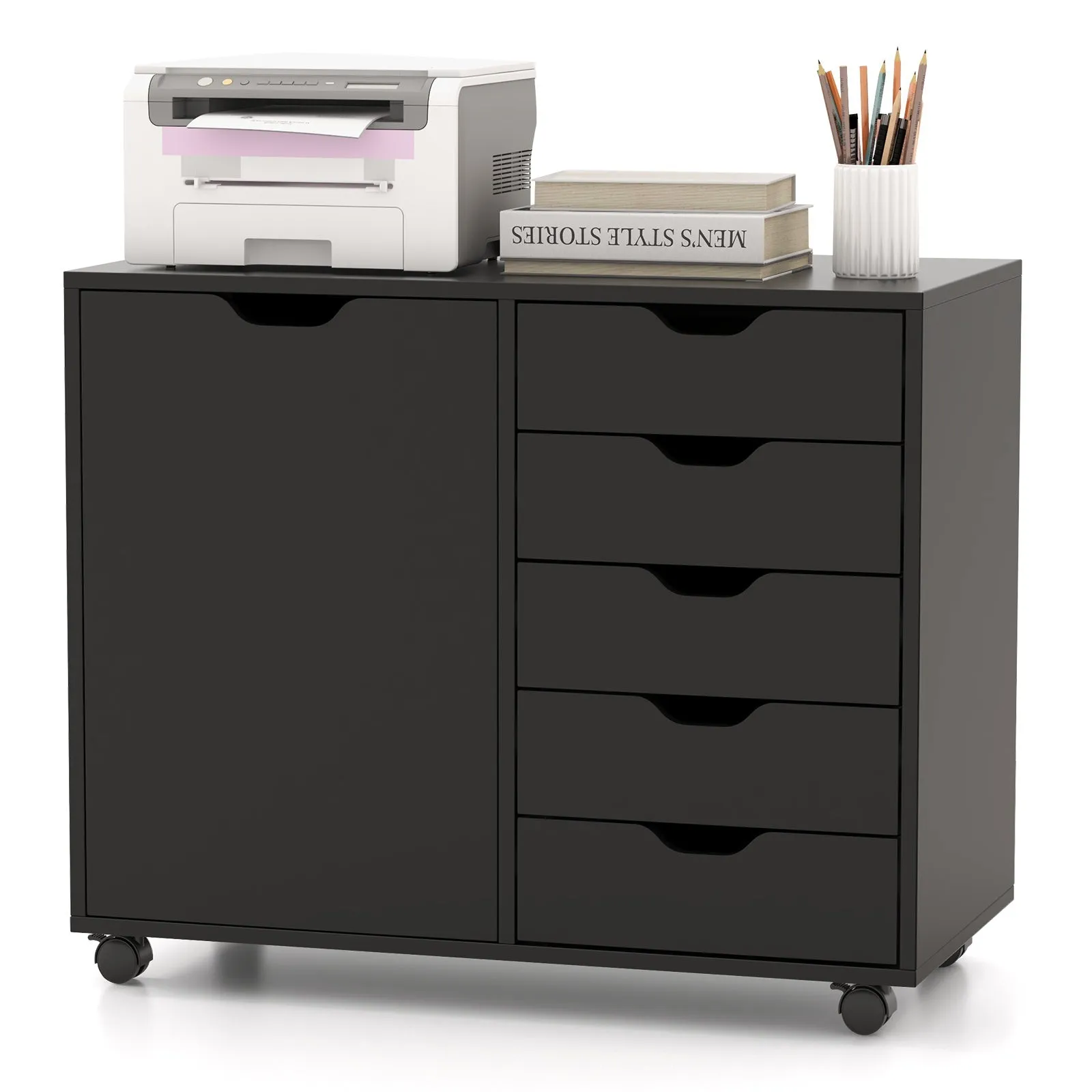 5-Drawer Mobile Side Cabinet with Wheels-Black