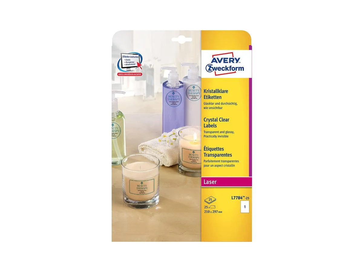 Avery Crystal Clear Labels, Rectangular, Clear, Laser, Permanent, 210x297mm, 25 Sheets/pack (L-7784)