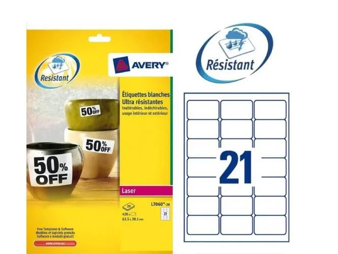 Avery Heavy-Duty Laser Labels, 63.5 x 38.1mm, [Pack of 20] 420 Labels - Ref: L7060-20