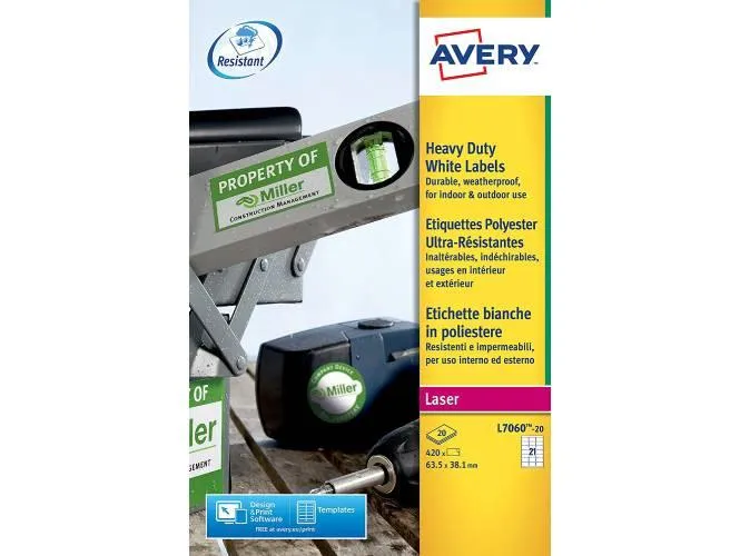 Avery Heavy-Duty Laser Labels, 63.5 x 38.1mm, [Pack of 20] 420 Labels - Ref: L7060-20