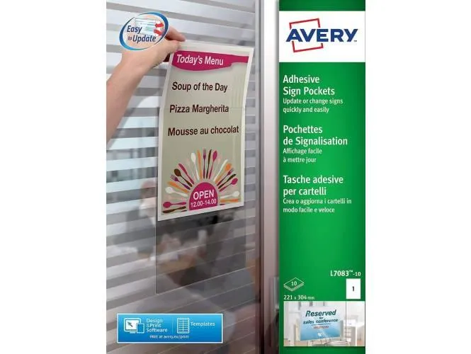 Avery L7083-10 Self-Adhesive Repositionable Clear Sign Pocket (221 x 304 mm)