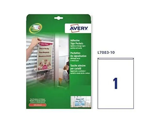 Avery L7083-10 Self-Adhesive Repositionable Clear Sign Pocket (221 x 304 mm)