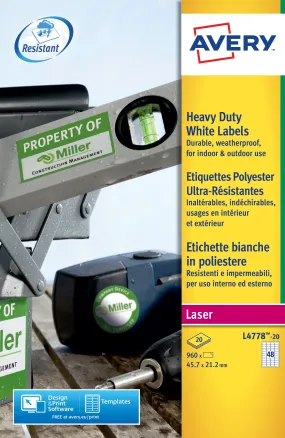 Avery Laser Heavy Duty Label 45.7x21.2mm 48 Per A4 Sheet White (Pack 960 Labels) L4778-20