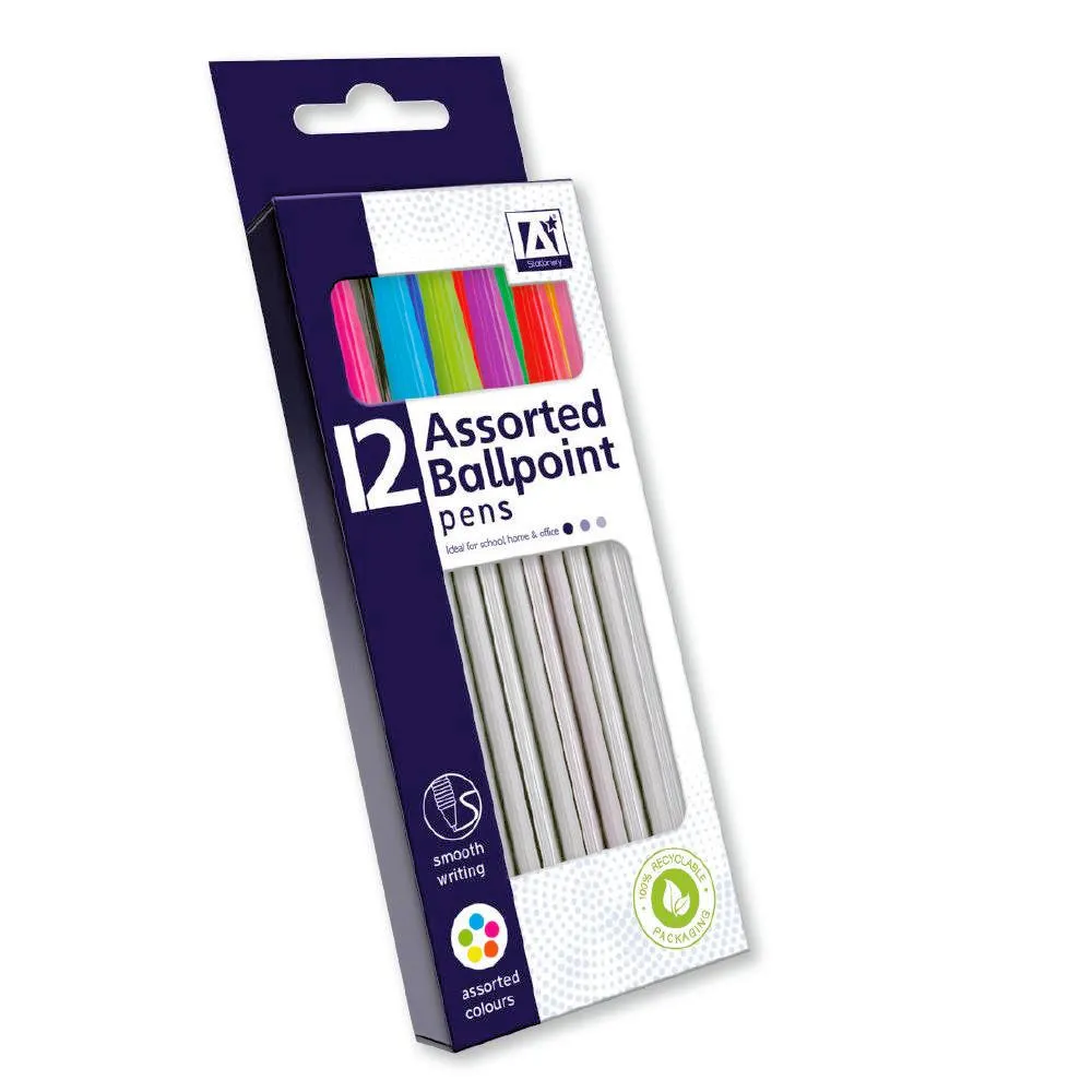 Ballpoint Pens - 12 Pack Bright Colours Vibrant Eye-Catching Pens Writing Colourful Note-Taking