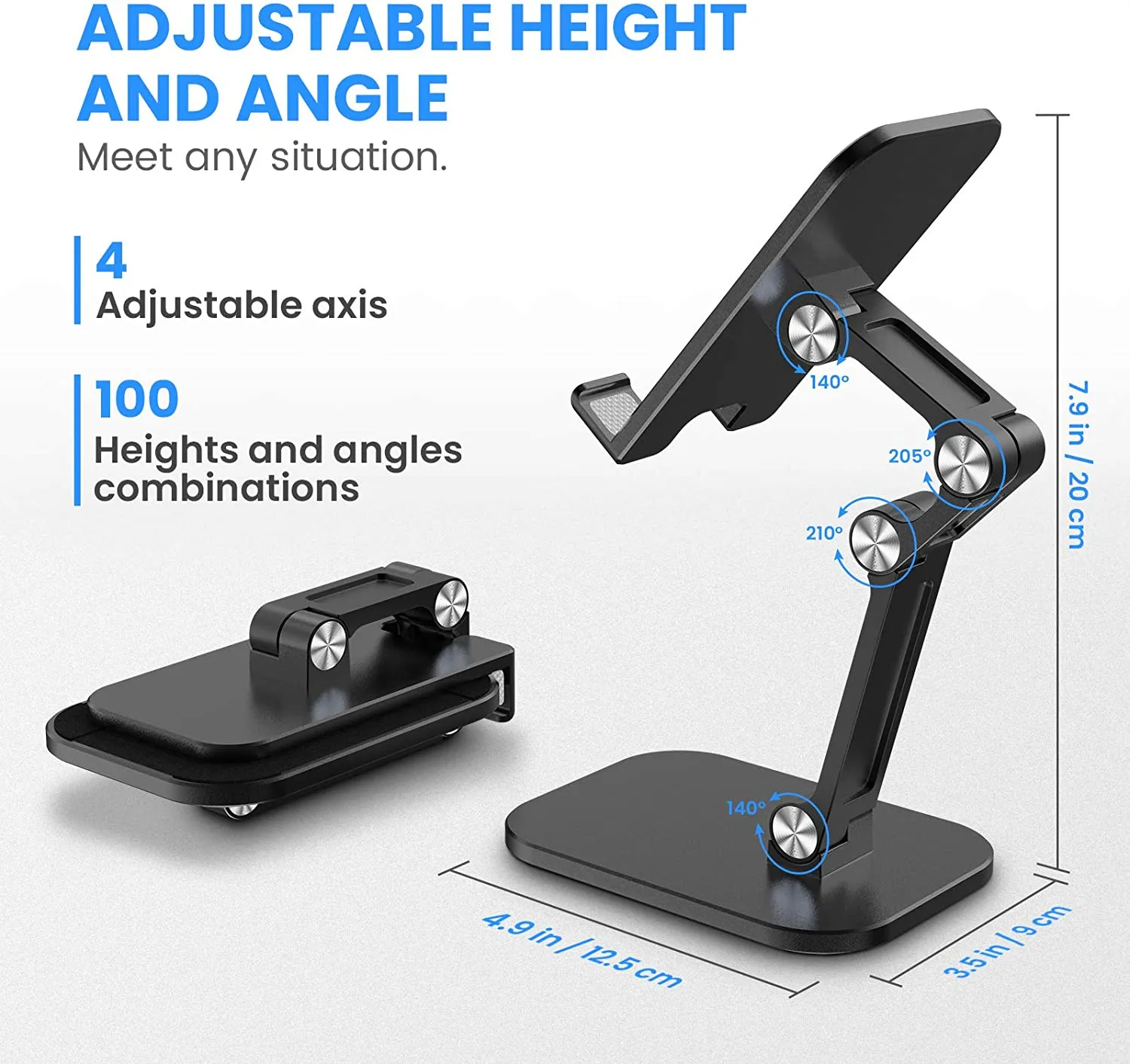 Foldable Angle Height Adjustable Desktop Tablet Phone Holder Stand-Black