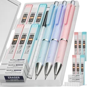 Nicpro 3 PCS Pastel Mechanical Pencil 0.5 mm for School, with 6 tubes HB Lead Refills, Erasers, Eraser Refills For Student Writing, Drawing, Sketching, Blue & Pink & violet Colors - Come with Case