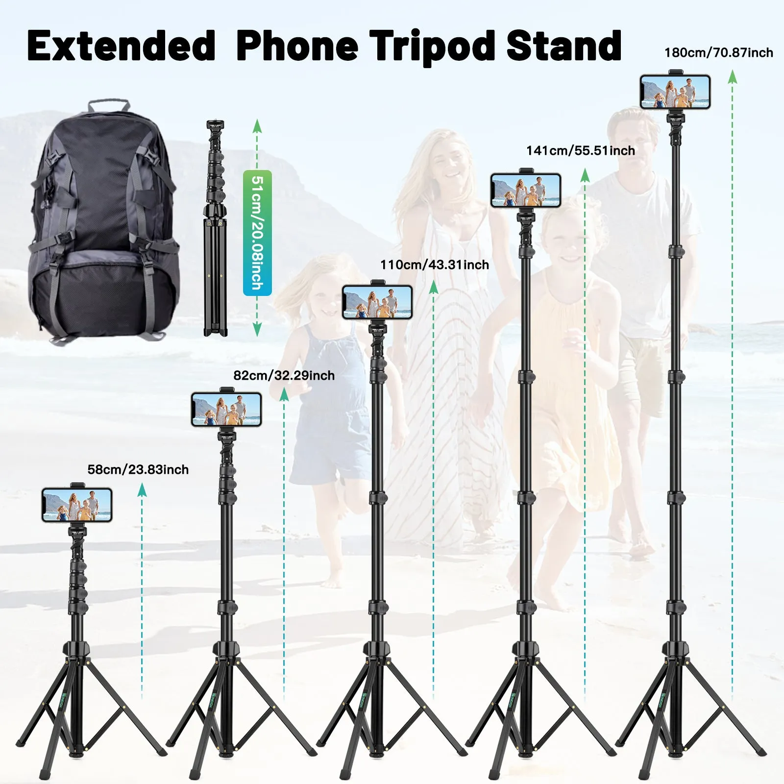 Nineigh Phone Tripod Stand, 70.87inch/180cm Extendable Selfie Stick Tripod Portable Cellphone Tripod with Phone Holder, Compatible with iPhone, Samsung, Huawei, Camera(EU)