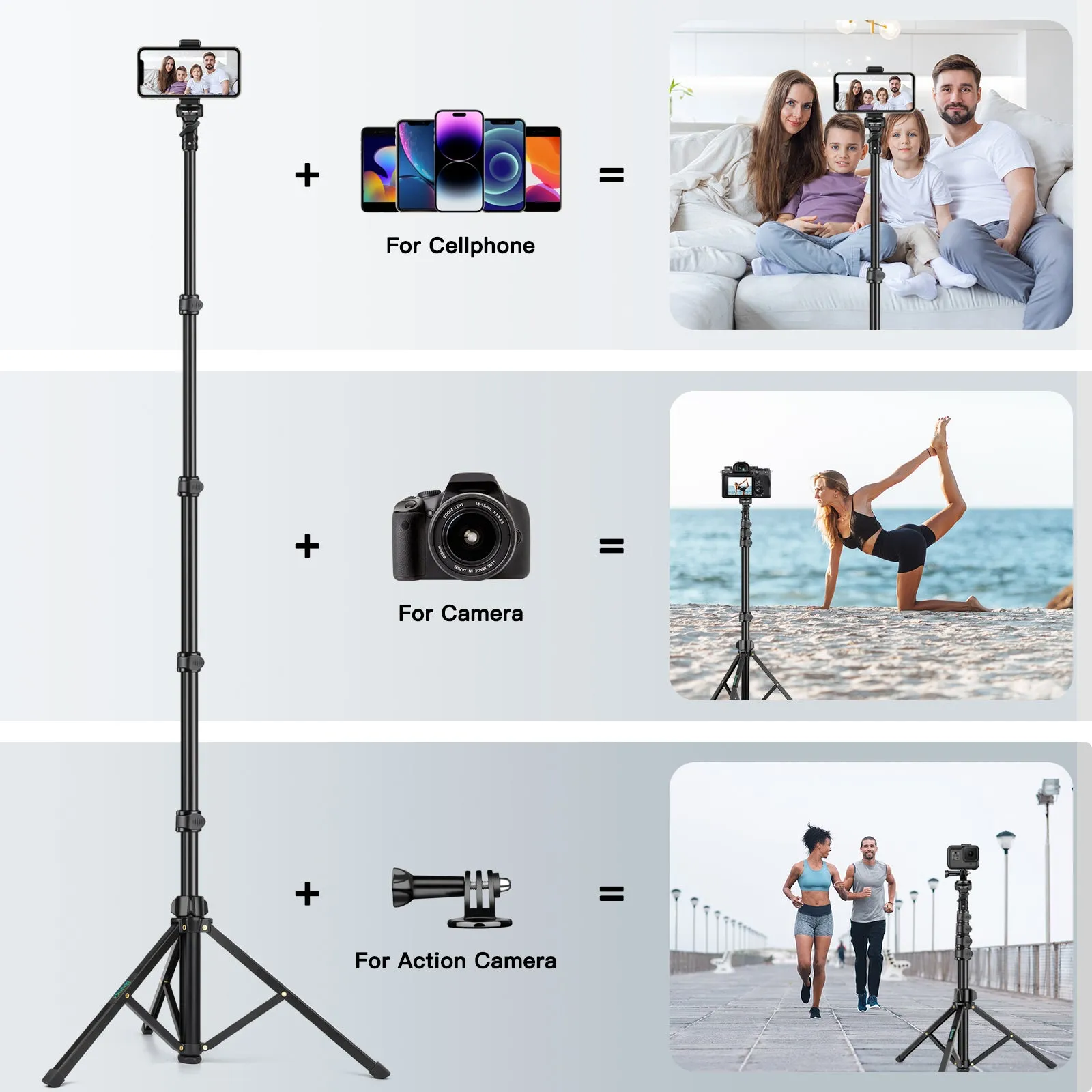 Nineigh Phone Tripod Stand, 70.87inch/180cm Extendable Selfie Stick Tripod Portable Cellphone Tripod with Phone Holder, Compatible with iPhone, Samsung, Huawei, Camera(EU)