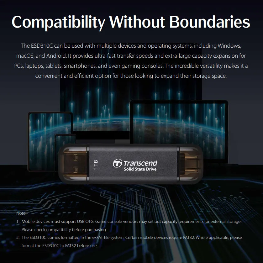 Transcend ESD310C 3D NAND Portable External SSD with USB 3.2 Type-A and Type-C Connectors - ( 512GB / 1TB / 2TB )