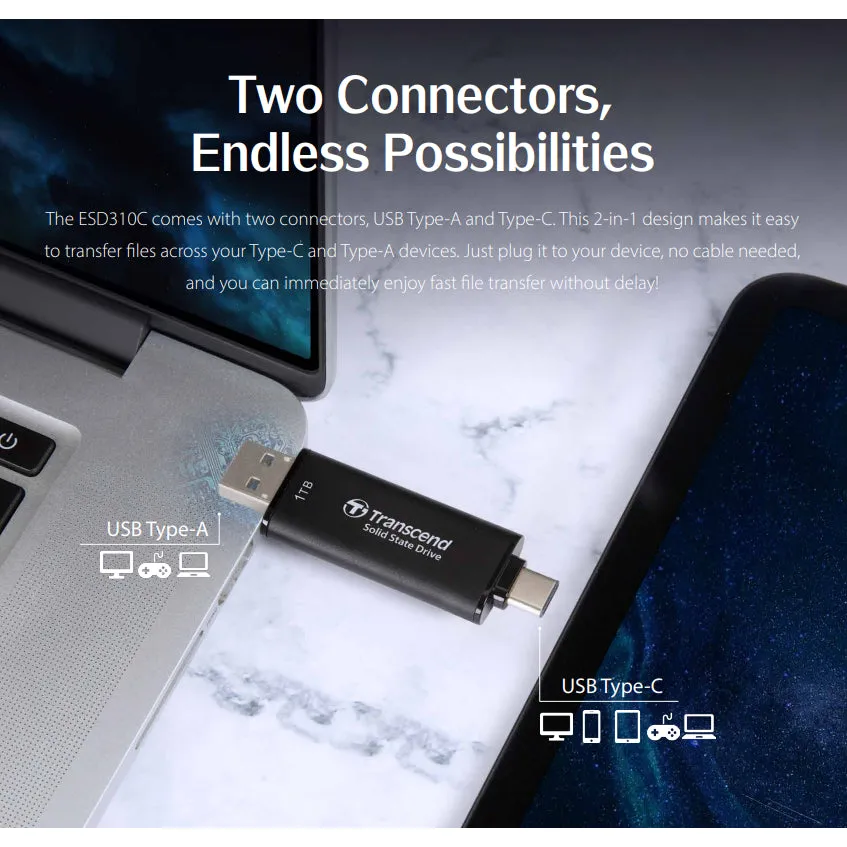 Transcend ESD310C 3D NAND Portable External SSD with USB 3.2 Type-A and Type-C Connectors - ( 512GB / 1TB / 2TB )