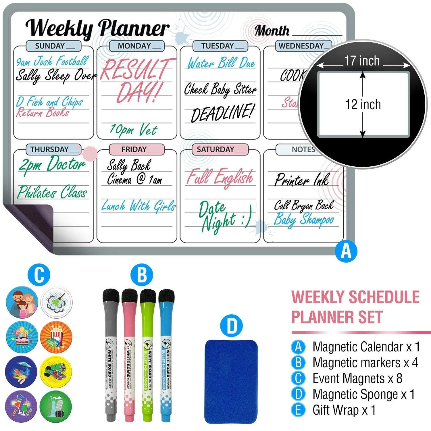 Weekly Magnetic Calendar for Fridge 12x17 In with 3 Markers & Eraser